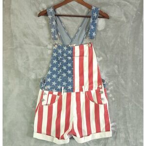 BiBi American Flag Denim Short Overalls Womens Small Patriotic Stars Stripes 4th